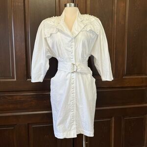 Vintage Karen Alexander Dress Size 6 White Wiggle Pearl Button Front 80s Wedding